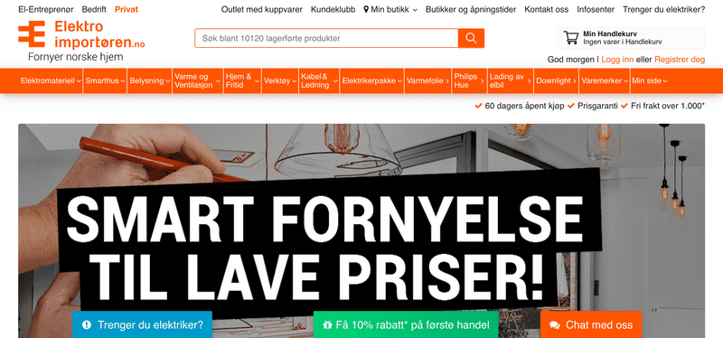 Fornyer norske hjem! Totalleverandør av elektromateriell, varme og belysning - Spesialister på smarthus, downlight or elbilladere - Størst på elektromateriell til alle - Alltid lave priser