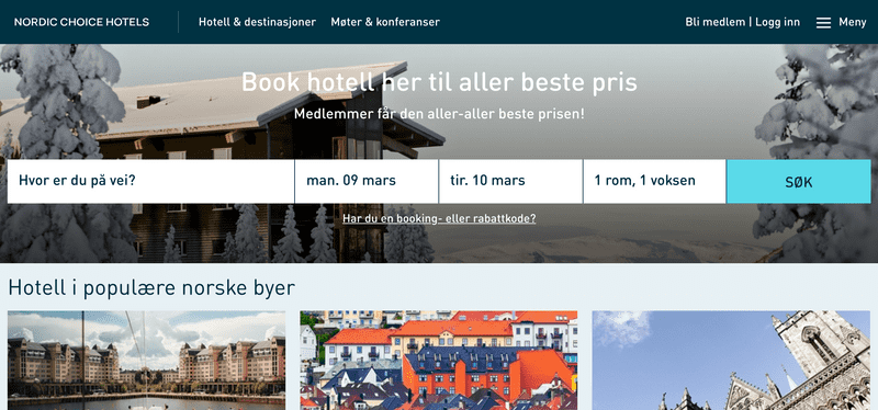 Book hotell på nett hos Nordic Choice Hotels. Våre rom er alltid billigst på vår hjemmeside. Garantert! Velg hotell og book nå!